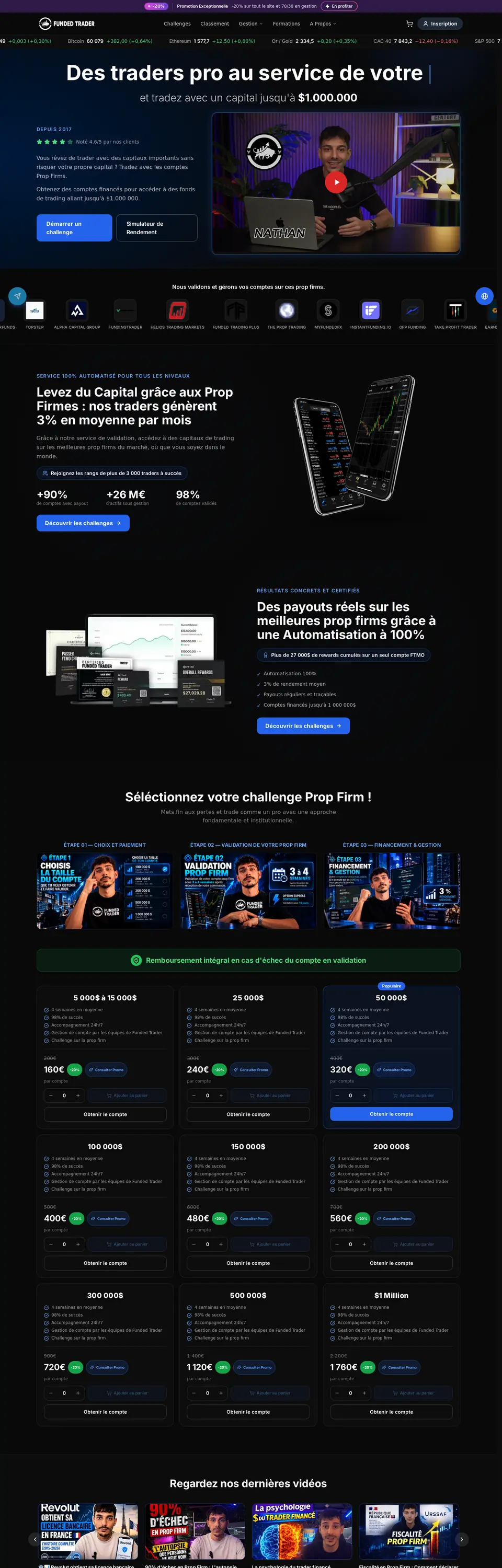 Site de Funded Trader, comparatif et guides des prop firms, réalisé par Rank-Up : la page d’accueil