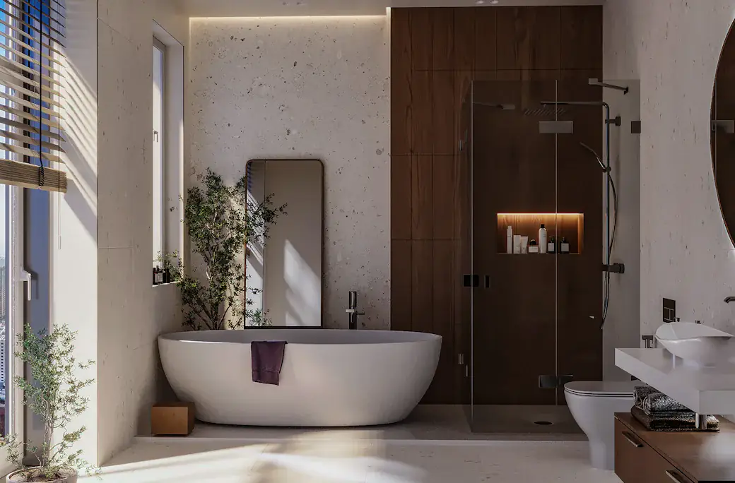 Salle de bains rénovée : baignoire îlot, douche à l’italienne vitrée, mur en bois et vasque suspendue