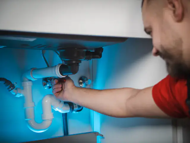 Plombier serrant un raccord de siphon sous un lavabo