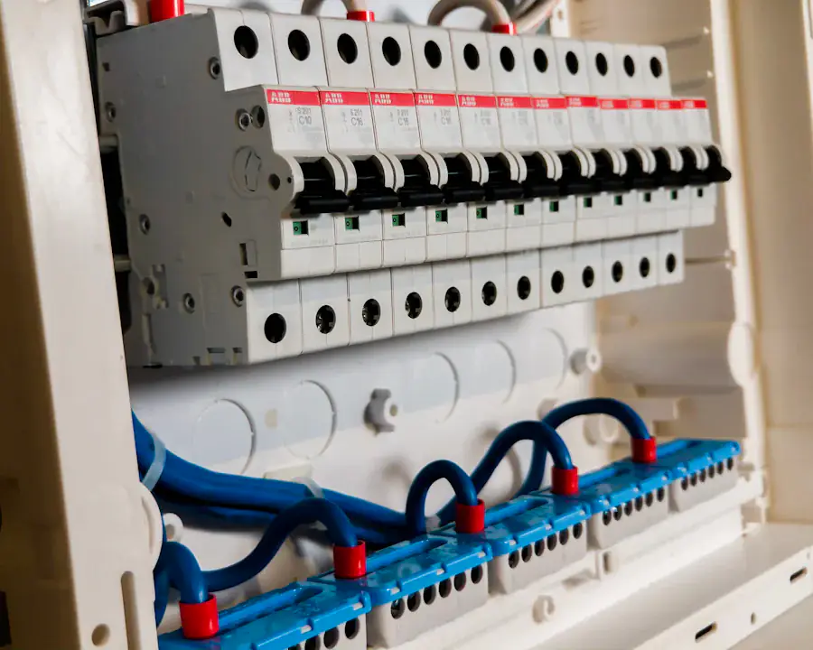 Rangée de disjoncteurs dans un tableau électrique neuf