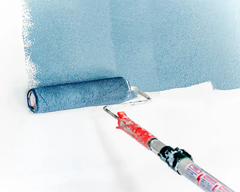 Rouleau appliquant une peinture bleue sur un mur blanc